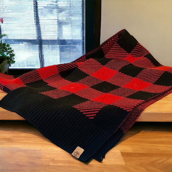 Timberland Red & Black Neck Scarf Acrylic Soft Plaid Checks Mens 65" x 9.5" - Picture 2 of 9
